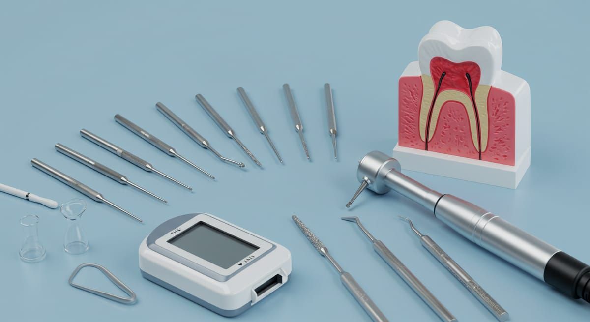 Endodontic instruments beside a tooth cross-section showing the root canal system
