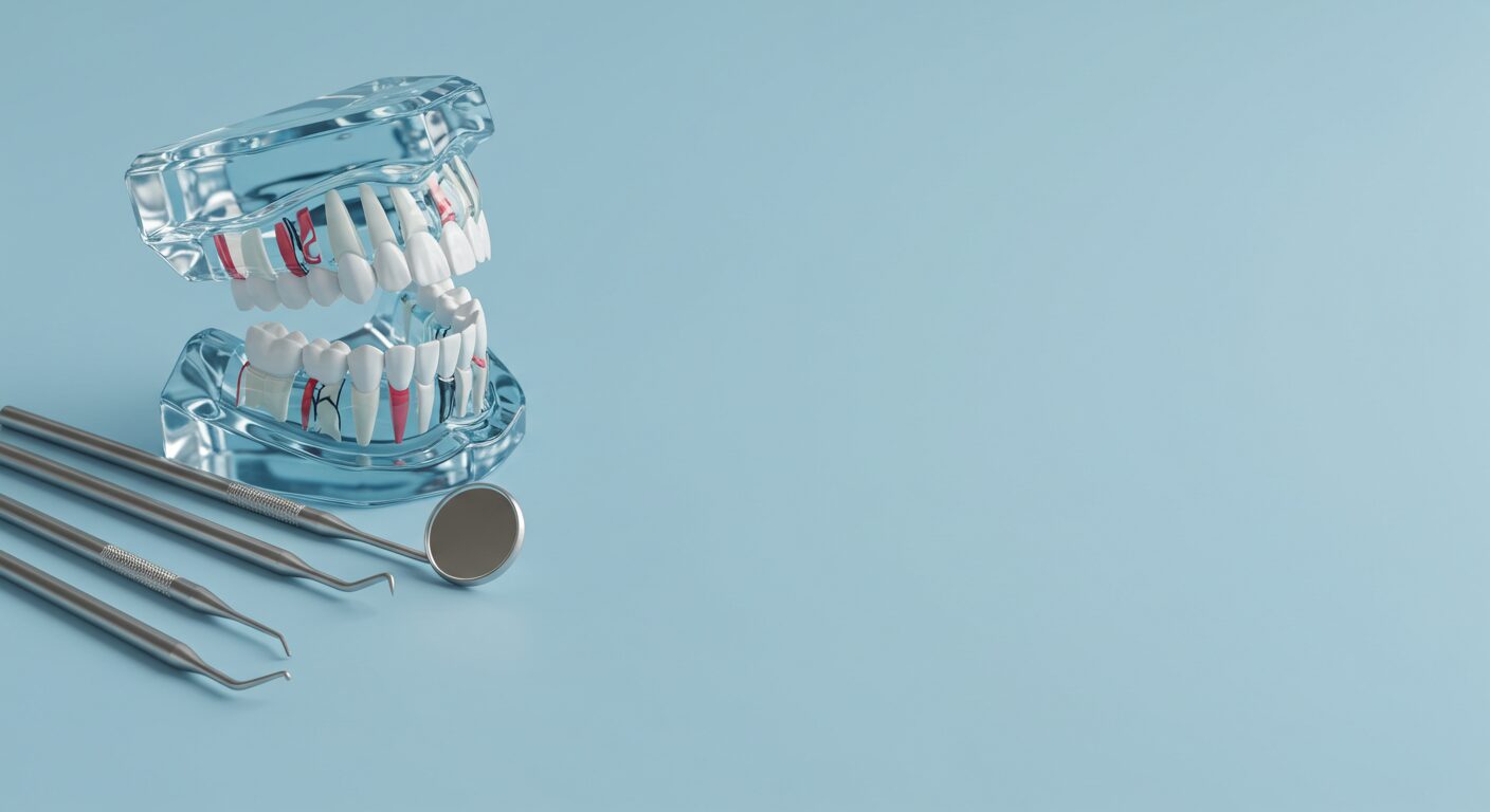 Dental model showing the root canals inside each tooth, with endodontic instruments