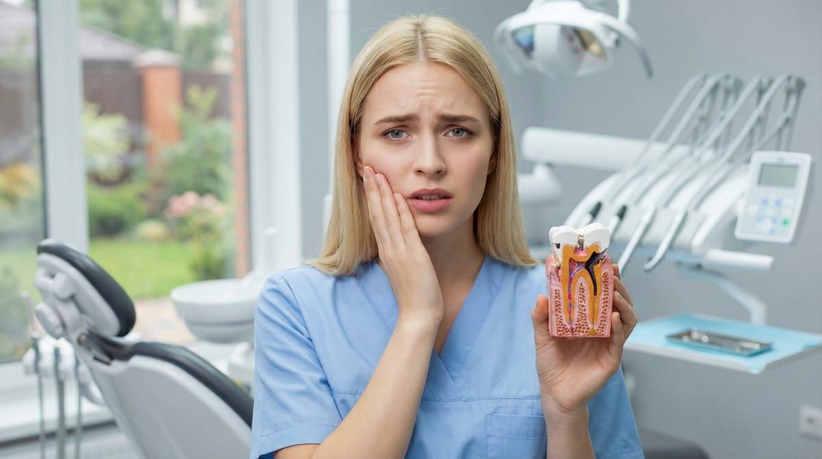 Dental professional holding a model of a tooth showing the pulp inside a molar